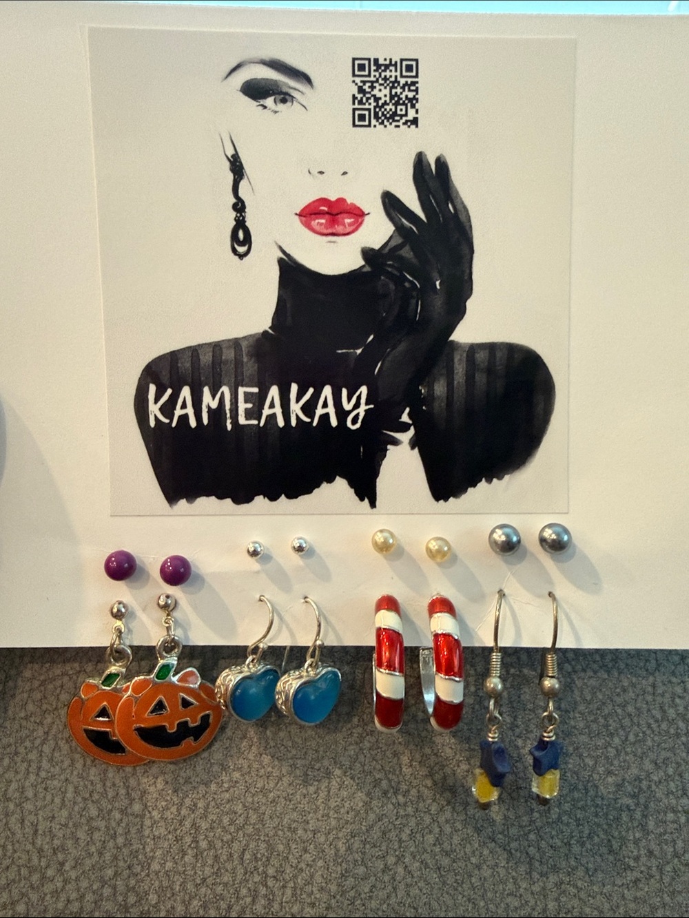 Kameakay Colorful Earring Mix with Pumpkin, Heart & Candy Cane Motifs